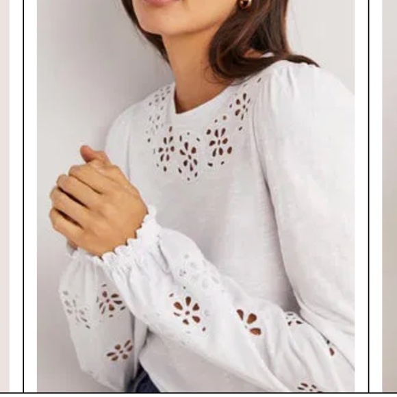Boden Broderie Insert Long Sleeve Jersey Top White 6 Embroidered Preppy Cut-Out - Picture 2 of 15